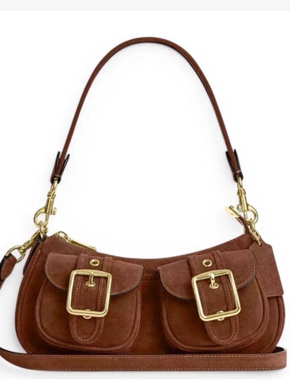 Coach New Fall Y2K Brown Suede Shoulder Bag Gold Hardware Baguette Sexy Bar Bag